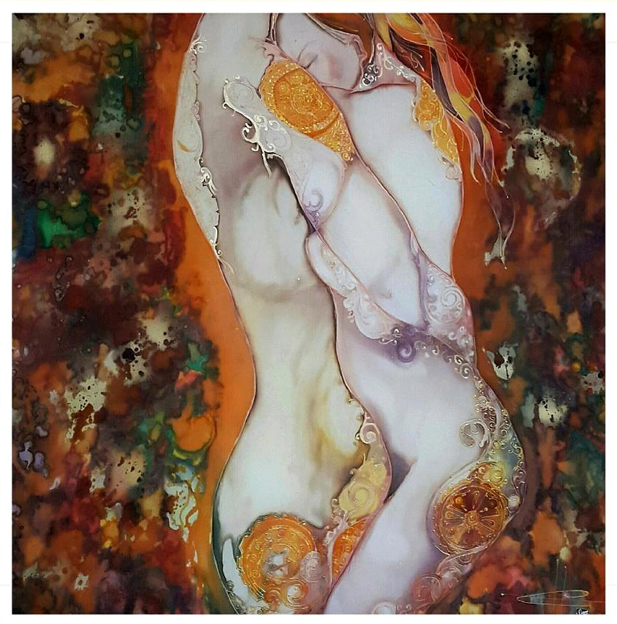 NATALI SOKOLOVA. Intertwined Lovers. Mixed Media. Hot and Cold Batik. Acrylique. Sea Salt. Gold and Silver on silk. 100x100 cm