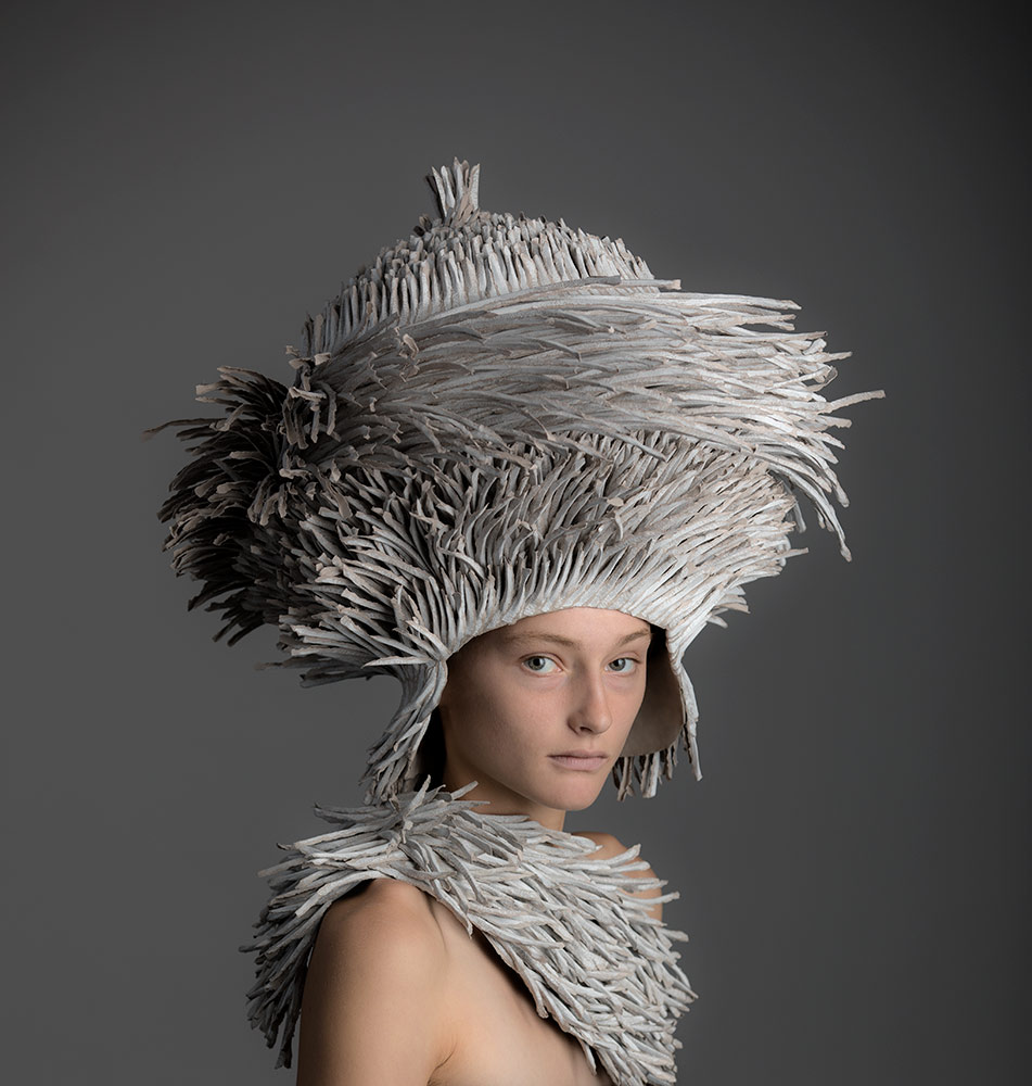 Sister Litay.  2017. 
 Hand-torn paper, acrylic, konjac
 Measurements of head vessel: 
 H 53cm x W 53cm
 © Bianca Severijns