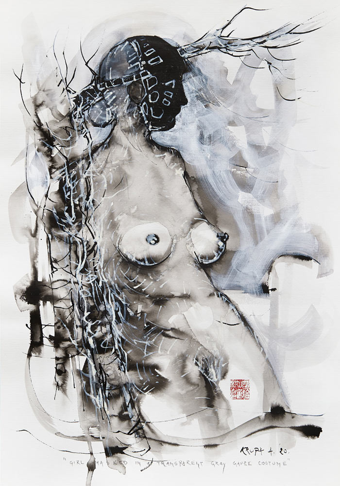 Girl Masked by a Transparent Gray Gauze Costume (COVID-19 artwork no.1). Ink (Ink wash, white ink, acrylic, brush, plastic pen) on paper. 61x42 cm. 2020 Alfred Freddy Krupa © All rights reserved