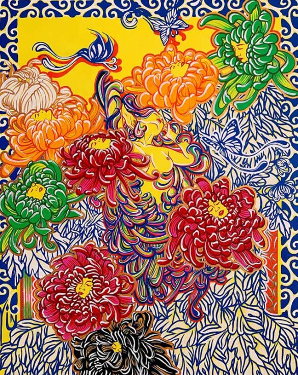 Chrysanthemum Porcelain (2020), Acrylic on Canvas, 60.9 x 76.2 cm. Yin Lu © All rights reserved.