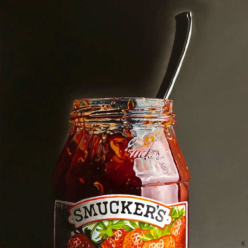 Dirty Smucker's jar. 2019 Oil on Wood Panel. 51x51 cm Jacinthe Rivard © All rights reserved. 