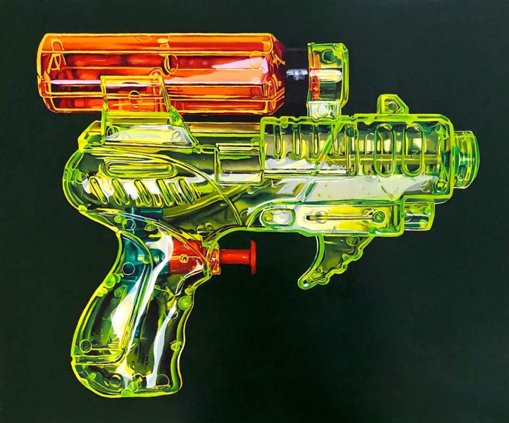 Green water gun. 2020 Oil on Wood Panel. 61 x 51 cm Jacinthe Rivard © All rights reserved. 