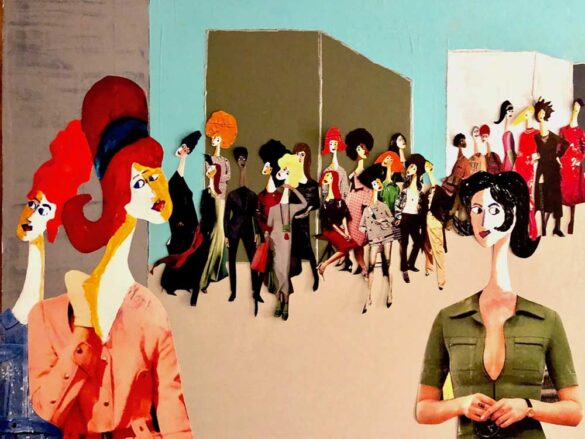 JACKIE'S ART OPENING. 2019 Mixed media. Acrylic paint, photos. 101.6 x 76.2 x 3.81 cm Jackie Fuchs © All rights reserved.