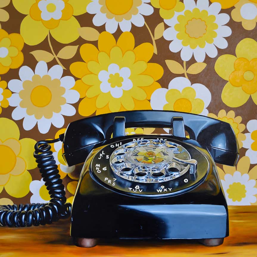 Rotary phone in its natural habitat. 2020. Oil on Wood Panel.  102 x 102 cm Jacinthe Rivard © All rights reserved. 