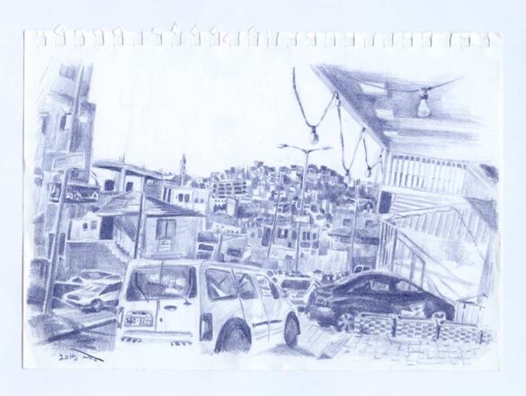 Untitled (Umm El Fahem City Center) Thermo Transfer. pencil on paper. 14.7×21 cm. 2019 Ruti Singer © All rights reserved.