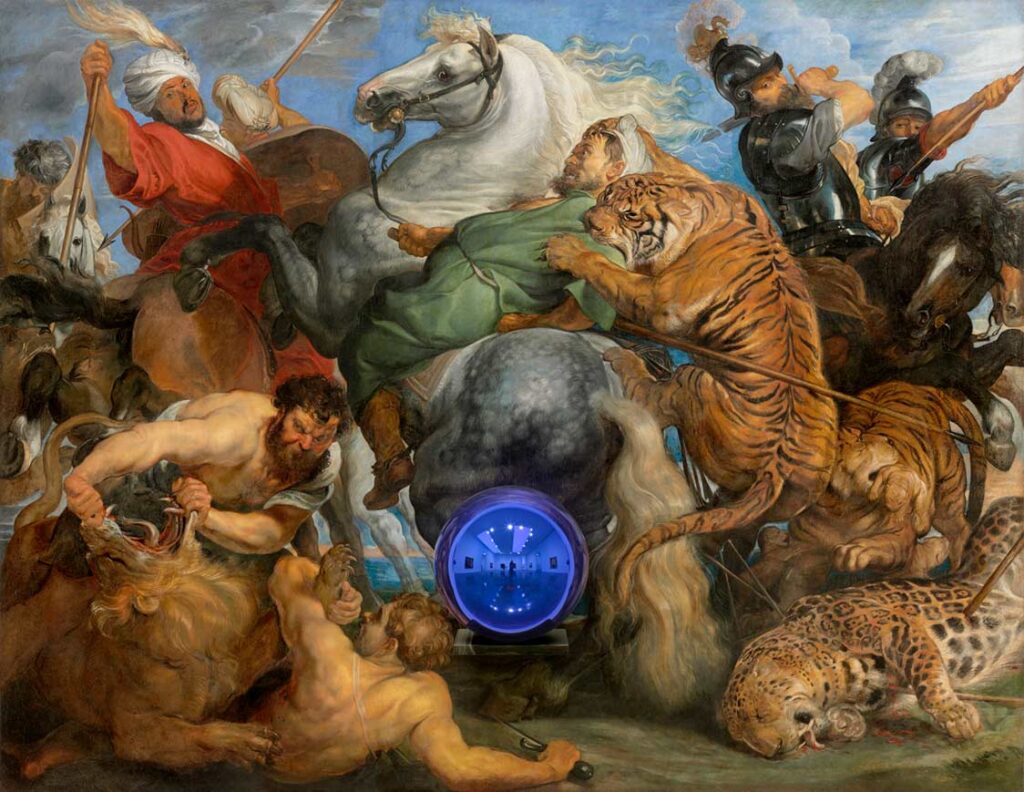 JEFF KOONS
Gazing Ball (Rubens Tiger Hunt), 2015
Oil on canvas, glass, and aluminum
64 1/2 x 83 1/8 x 14 3/4 inches
163.8 x 211.1 x 37.5 cm
© Jeff Koons. Photography by Tom Powel Imaging. Courtesy Gagosian Gallery.