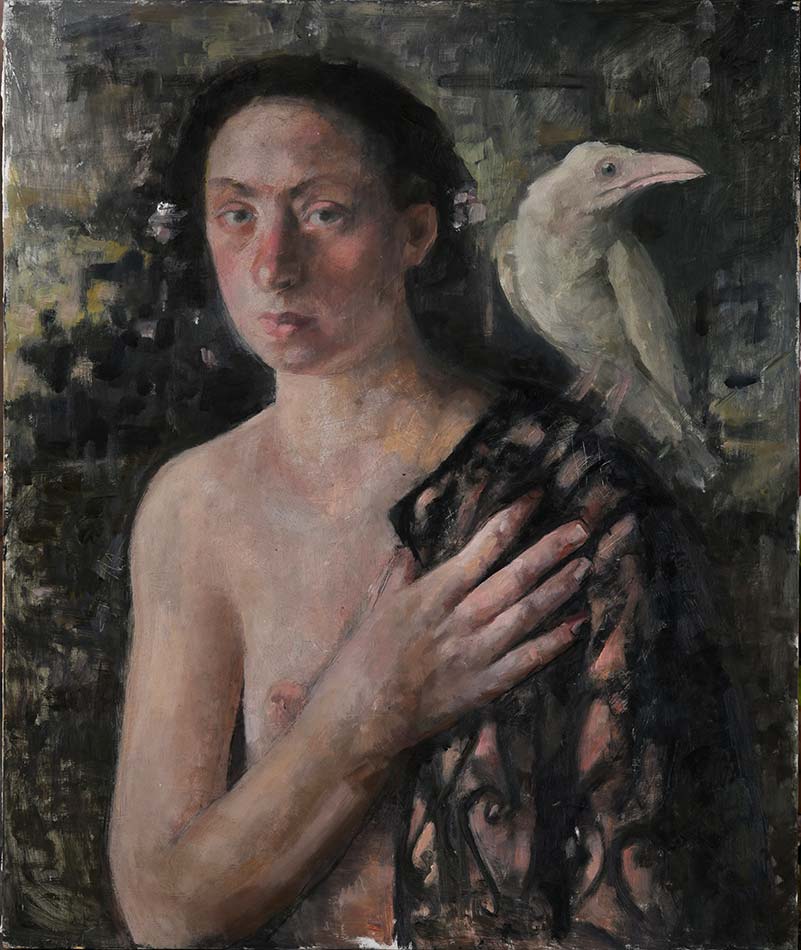 Figure with White Raven, 2018, 
 Oil on linen mounted on panel, 50 × 60 cm
 Roni Taharlev © All rights reserved. 