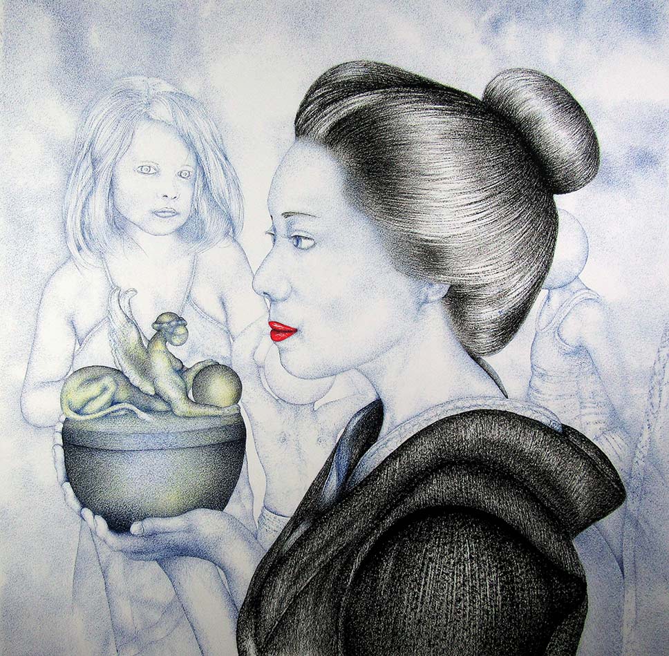 The secret of the geisha. 
 Oil Pastel. 100 x 100 cm. 2021  Joey Schmidt-Muller © All rights reserved.