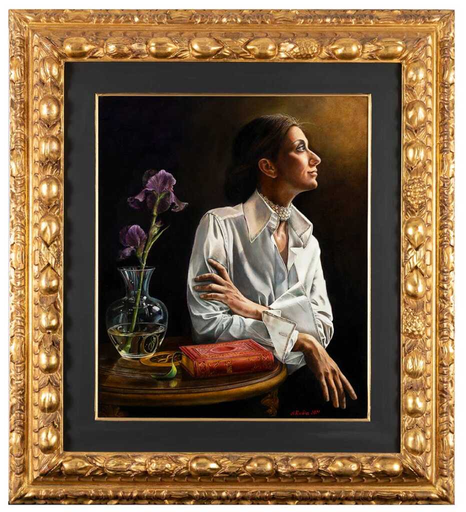 “Mona Cristina,” 2021. Oil on Belgian Linen.  Frame: Antique, gilded, carved timber (made in 16th and restored in 21st in Florence). 60cm x 50cm.  Anna Rubin © All rights reserved.    