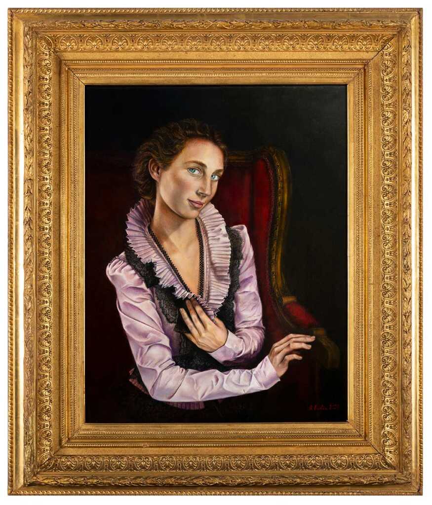 “Portrait of a Girl,” 2020.  Oil on Belgian Linen, Frame: Antique, guilded, carved timber (made in the 18th century and restored in the 21st century in Florence). 60cm x 50cm.  Anna Rubin © All rights reserved.   