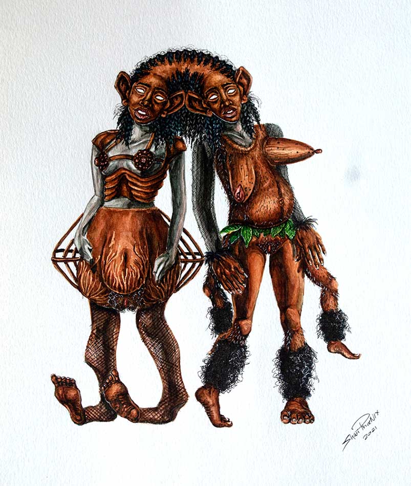 “Grotesque Fashion: Double bodied”. Watercolor and gel ink pen on paper.  13 x 11.5 cm. 2021.   
Shari Phoenix © All rights reserved.