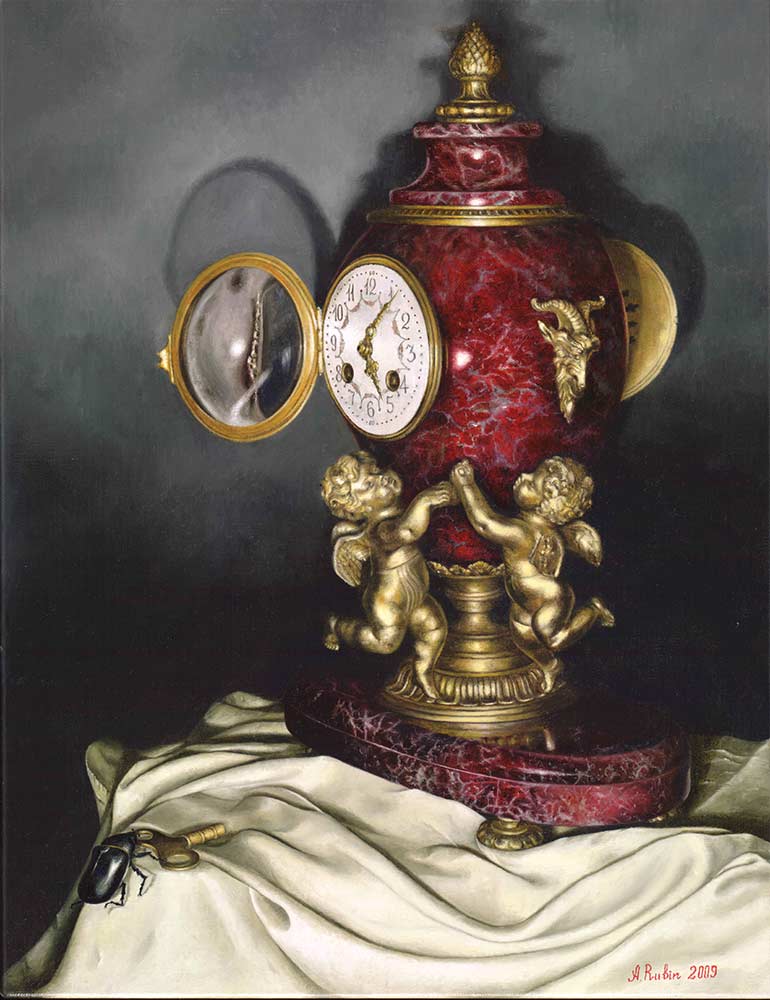 Timekeepers. Oil on Belgian Linen. Frame: large hand-gilded outer, hand-guilded small sloped inner on black and gold float-frame. 50 x 40 cm .  Anna Rubin © All rights reserved.  