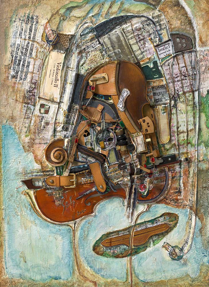 Map of the soul 1.  2020.   Violin, Paper, Fabric, Bridge. Leather & Mixed Media on Panel. 73 X 53 cm
  ShinB at the studio © All rights reserved.   