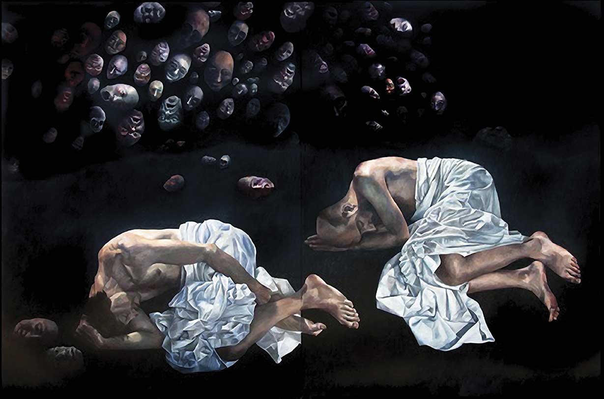 Top: Sleepers (diptych) (part 1 of Sleepwalking through the Apocalypse triptych). 96 x 144 cm.  
Oil on canvas. 2012