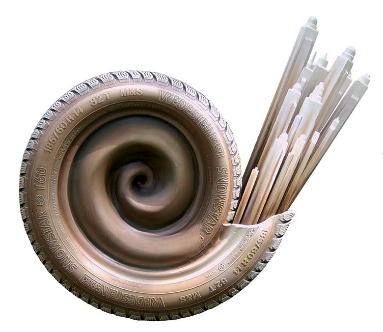  Snail’s pace. 2012
Acrylic on tire, wood & plaster. 70 x 120 x 25 cm