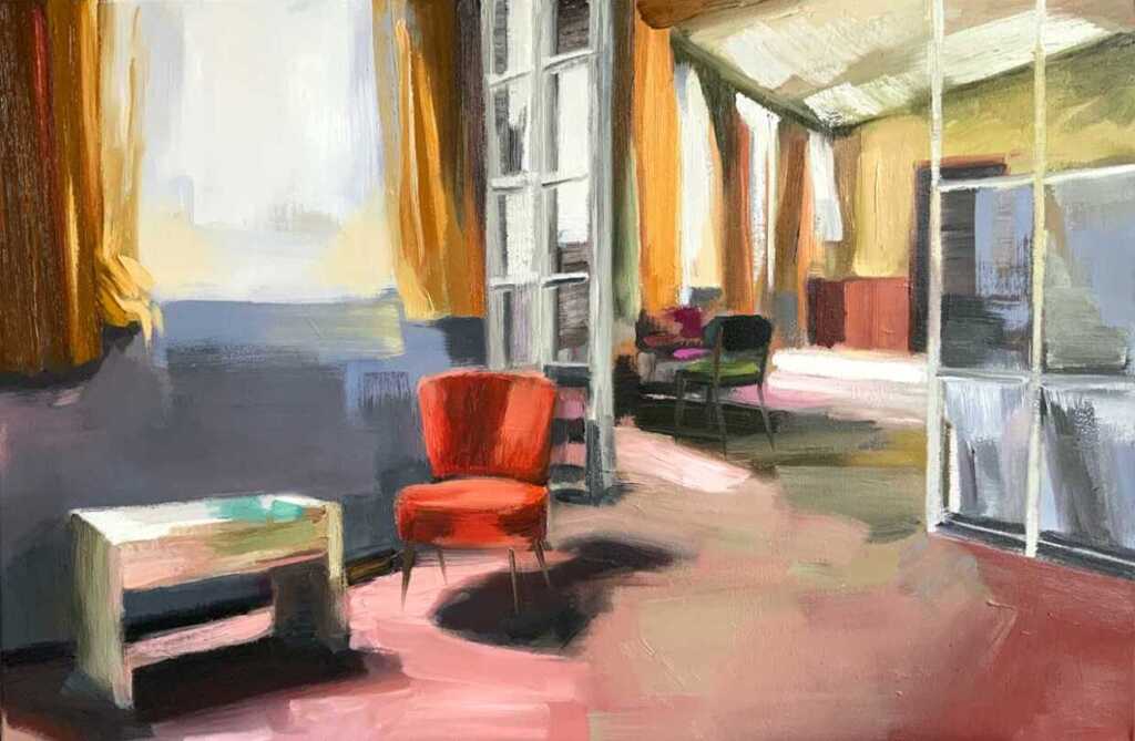 Carola Dewor. Gold List Award. Art Market Magazine. The Red Chair, 2021, Oil on Canvas, 60 x 90 cm