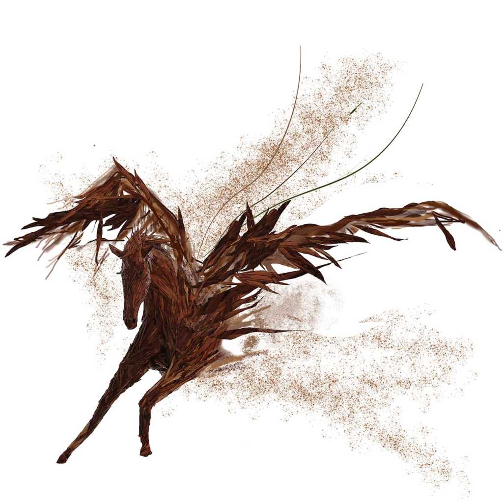 A flying horse. 2022
Eucalyptus bark sculpture. Digital editing and printing on Japanese paper. 
100 x 100 cm