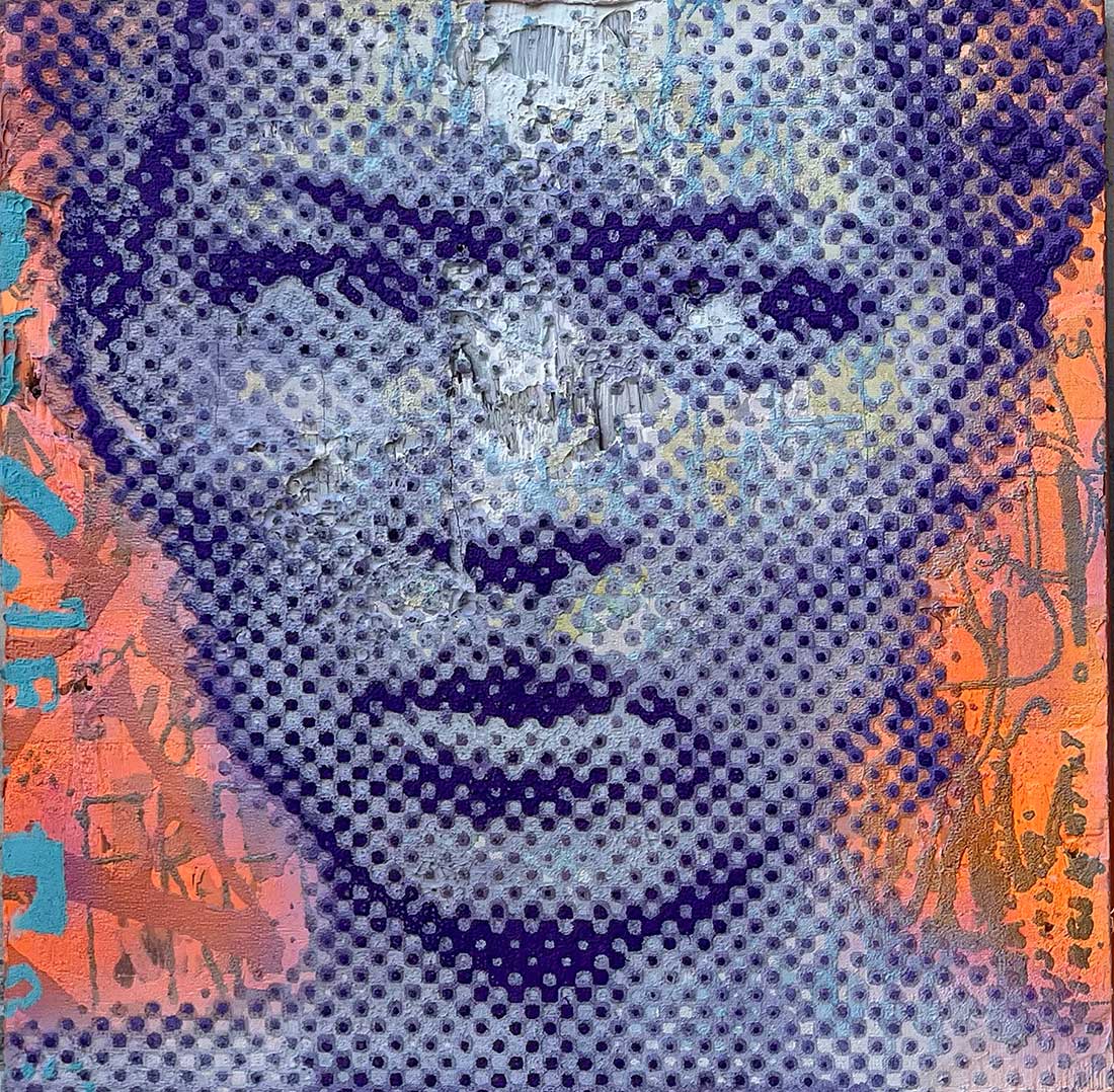 Purple Neon Kate Moss.
Sculptural dot painting, mortar-gypsum mixture with color pigments, 15 layers on recycled truck tarpaulin
55"x55". Patrizia Casagranda © All rights reserved.