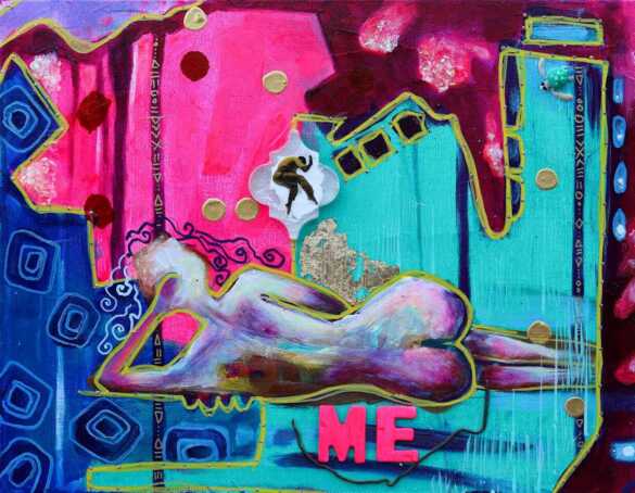 SHE + ME = COMPLEX. 2023 SHE is water soft enough to offer life, tough enough to drown it away. 9 x 12 inch. Mixed Media: Acrylic, gels, gold leaf, ink, tile, wire. Nicole Collie © All rights reserved.
