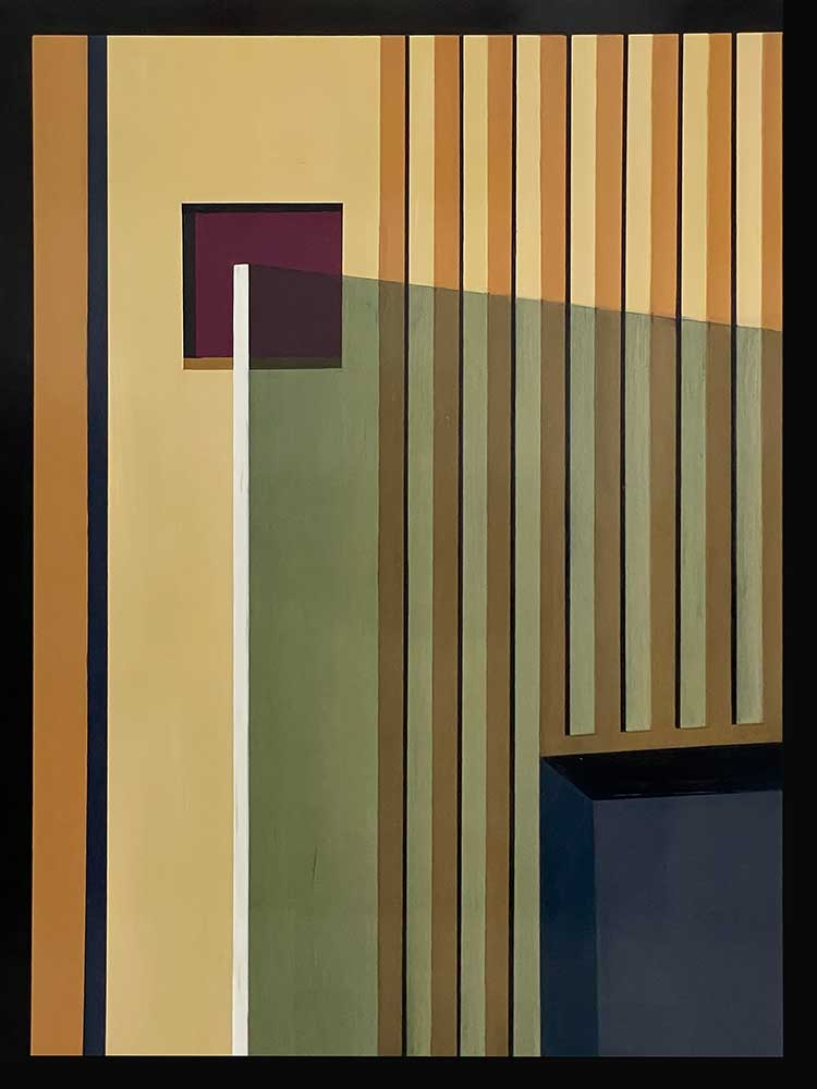 Crimson Window with a Loading Dock Door. Oil on Panel. 76.2 x 101.6 cm. Allan Gorman © All rights reserved.