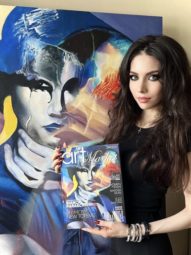 Enigma
150x100 cm, Acrylic and oil on canvas, 2023
Bianca Paraschiv with the printed edition of Art Market Magazine © All rights reserved.