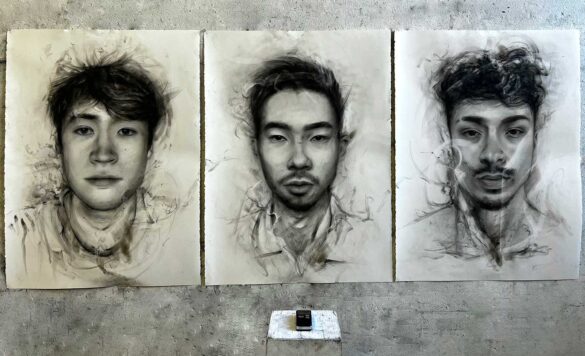 Andrew,Kevin, and Marcus. 2023. Charcoal and cigarette ash and fire on paper. 30x66 inch Marcus Venegas © All rights reserved.