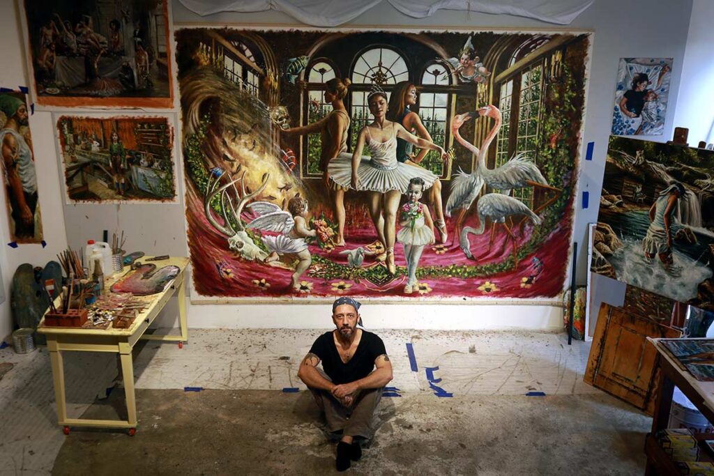 Mario Balsamo in the studio, with the latest large-scale artwork unfinished (2025)
Mario Balsamo © All rights reserved.