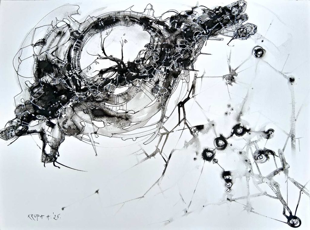 Artificial intergalactic self-sustaining habitat A1000g-Orion, ink (brush, metal pen, plastic pen) and white ink (metal pen) on paper, 56x76 cm, 2025
Alfred Freddy Krupa © All rights reserved.