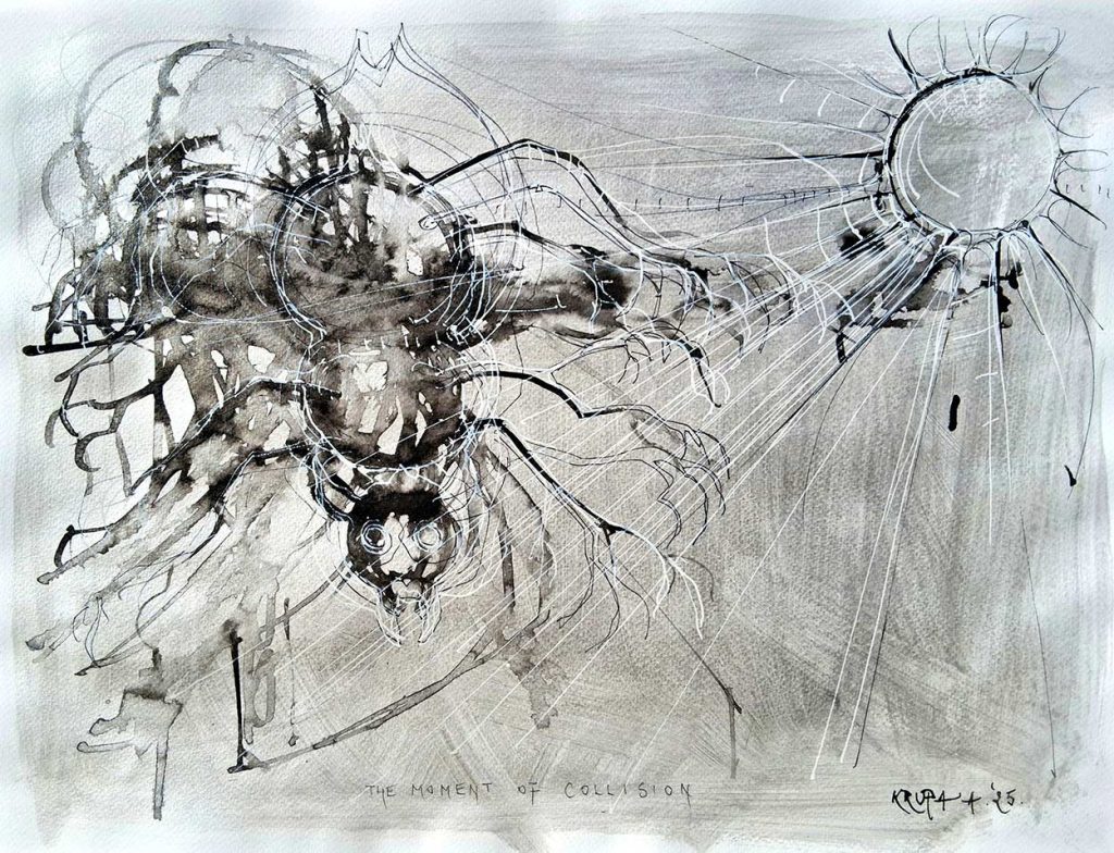 The moment of collision, 
Ink wash, ink-plastic pen, ink-metal pen (white), thin felt-tip pen, silver acrylic, 36x48 cm, 2025
Alfred Freddy Krupa © All rights reserved.