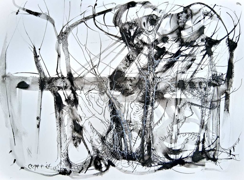 At the brink of a storm, black ink (brush, metal pen, plastic pen) and white ink (metal pen) on paper, 56x76 cm, 2025
Alfred Freddy Krupa © All rights reserved.