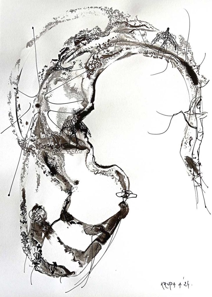 A three-part interpretation: self-portrait No. 3, washed black ink, white ink, brush, metal pen, thin cardboard, 50x36 cm, 2024
Alfred Freddy Krupa © All rights reserved.