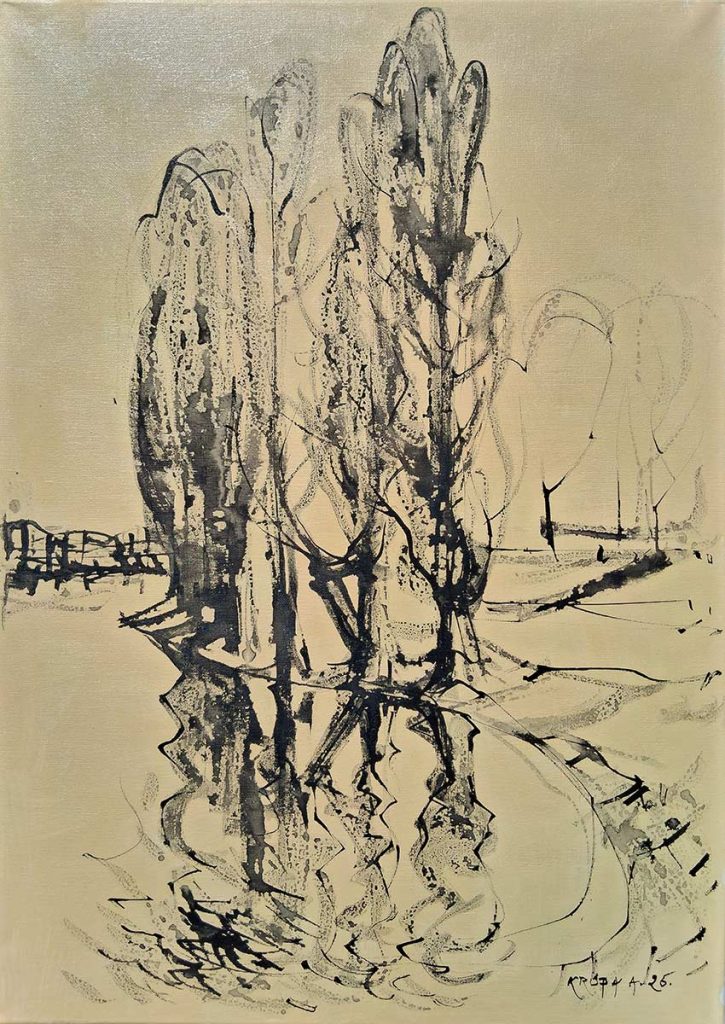 Poplars on the Korana River, 69x50 cm, washed ink/plastic pen on oil on canvas, 2025
Alfred Freddy Krupa © All rights reserved.