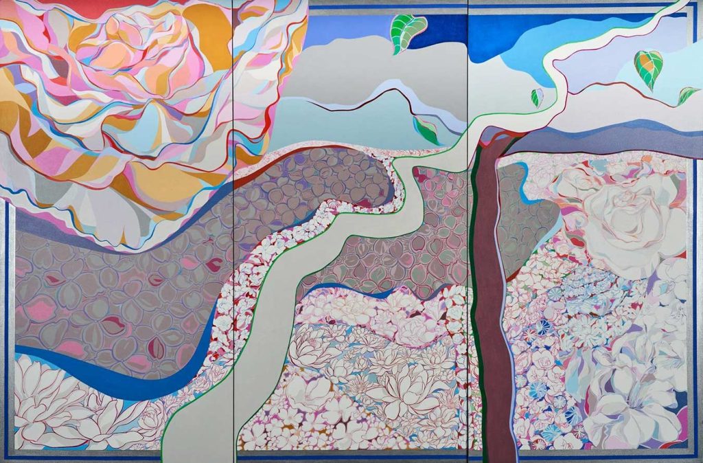 AGI Fine Art Artist Ai Wen Wu Ktraz, To Plant Flowers While Waiting Acrylic on Canvas, 72x108 inch triptych