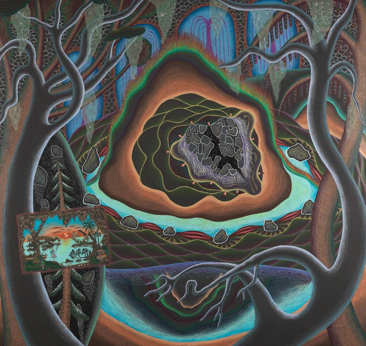 Marcy Hermansader (b. 1951); Secrets of the Heart, 1983; colored pencil, crayon, acrylic, mosquito netting, and thread on black paper; Courtesy of the Pennsylvania Academy of the Fine Arts, Philadelphia, Lambert Purchase Fund, 1984.4; © Marcy Hermansader