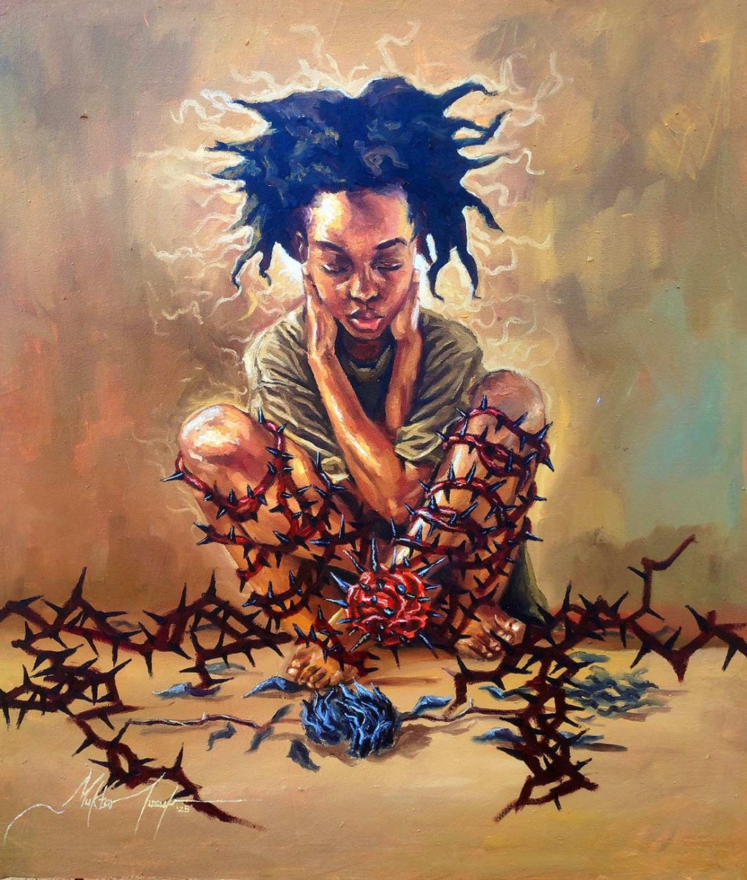 H.O.P.E (Hold On Pain Ends). 2025
Oil on canvas. 31.5 x 27.5 inches | 80x70cm
Muktar Yusuf © All rights reserved