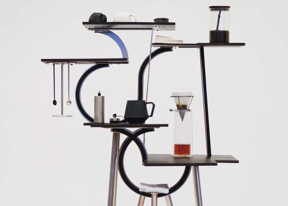 Coffee Podium. 2023 Planar wood construction, welded steel, powder-coated finish L76 × W51 × H137 cm Nomaki Etsu © All rights reserved.