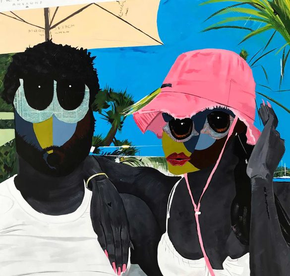 Holiday on the Island #1, 2023 (Detail) Acrylic & newsprint on canvas 48 × 36 in | 121.92 × 91.44 cm Toba Kayode Samuel © All rights reserved.
