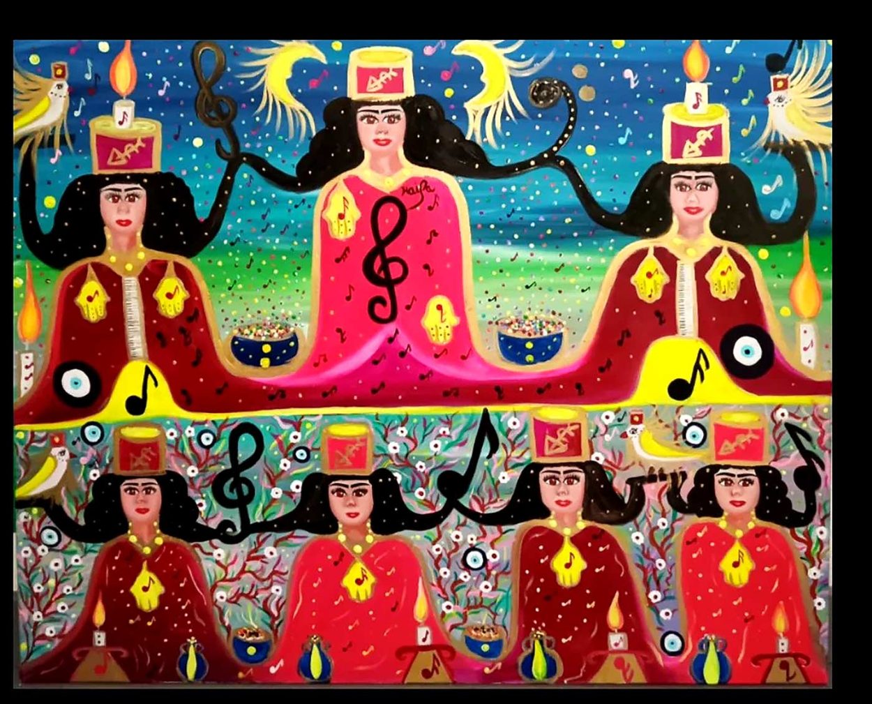 LA CHORALE SACRÉE DES DÉESSES LUMINEUSES
Huile & Acrylique. 92 × 78 cm
Haïfa Melliti © All rights reserved