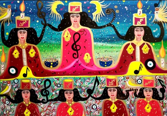 LA CHORALE SACRÉE DES DÉESSES LUMINEUSES Huile & Acrylique. 92 × 78 cm Haïfa Melliti © All rights reserved