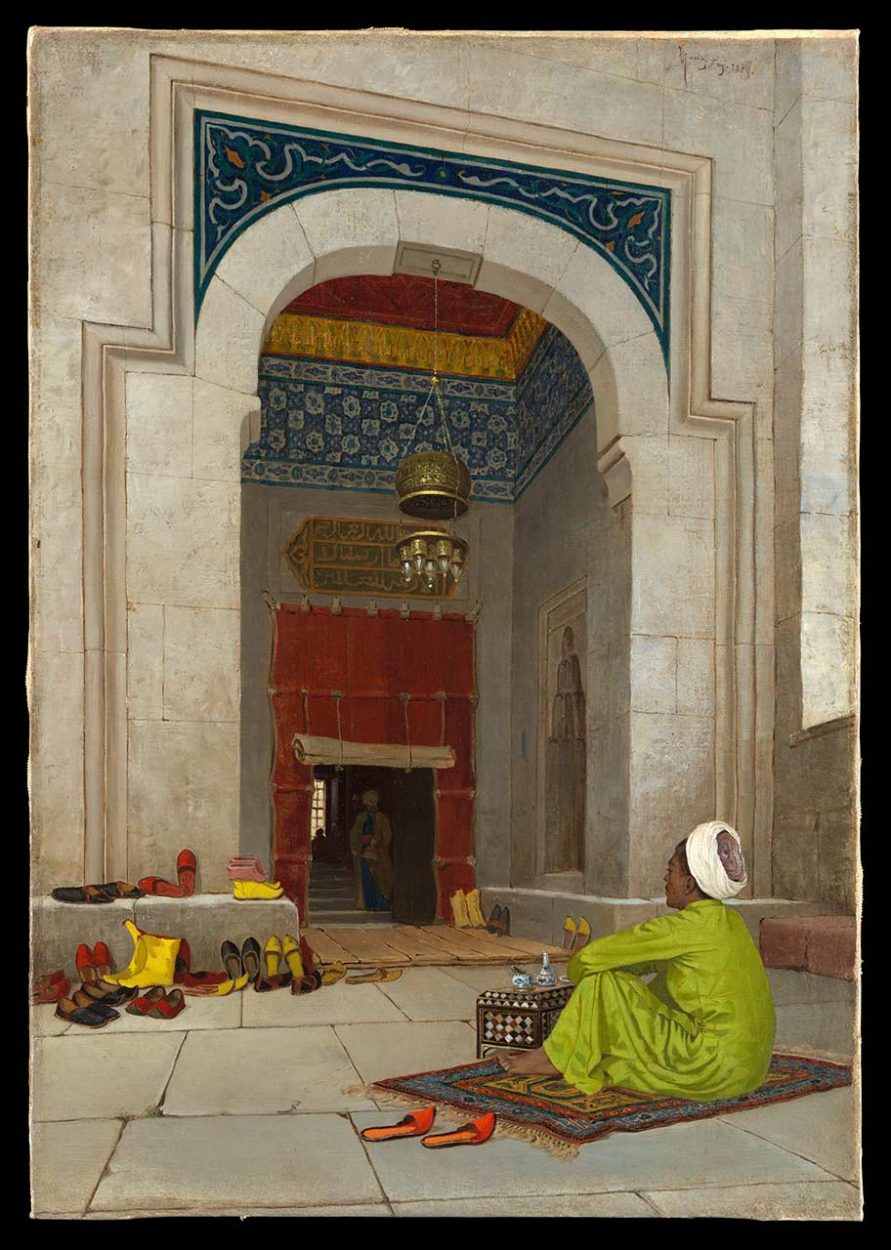 Osman Hamdi Bey, Turkish, Istanbul 1842–1910 Istanbul
At the Mosque Door
dated 1879
Oil on canvas
23 5/8 × 16 9/16 × 5/8 in.
 (60 × 42 × 1.6 cm)
Framed: 34 1/4 × 27 1/4 × 3 in. (87 × 69.2 × 7.6 cm)
Purchase, Turkish Centennial Fund, 2024 Benefit Fund, and Zeynep Oğuz Bilimer and
Evren Bilimer Gift, 2025. © The MET