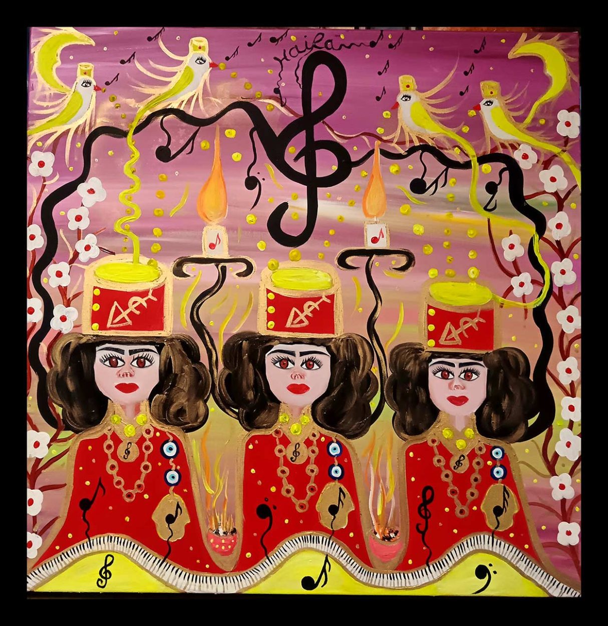 Les Trois Gardiennes de la Symphonie Divine
Huile & Acrylique. 50 × 70 cm
Haïfa Melliti © All rights reserved