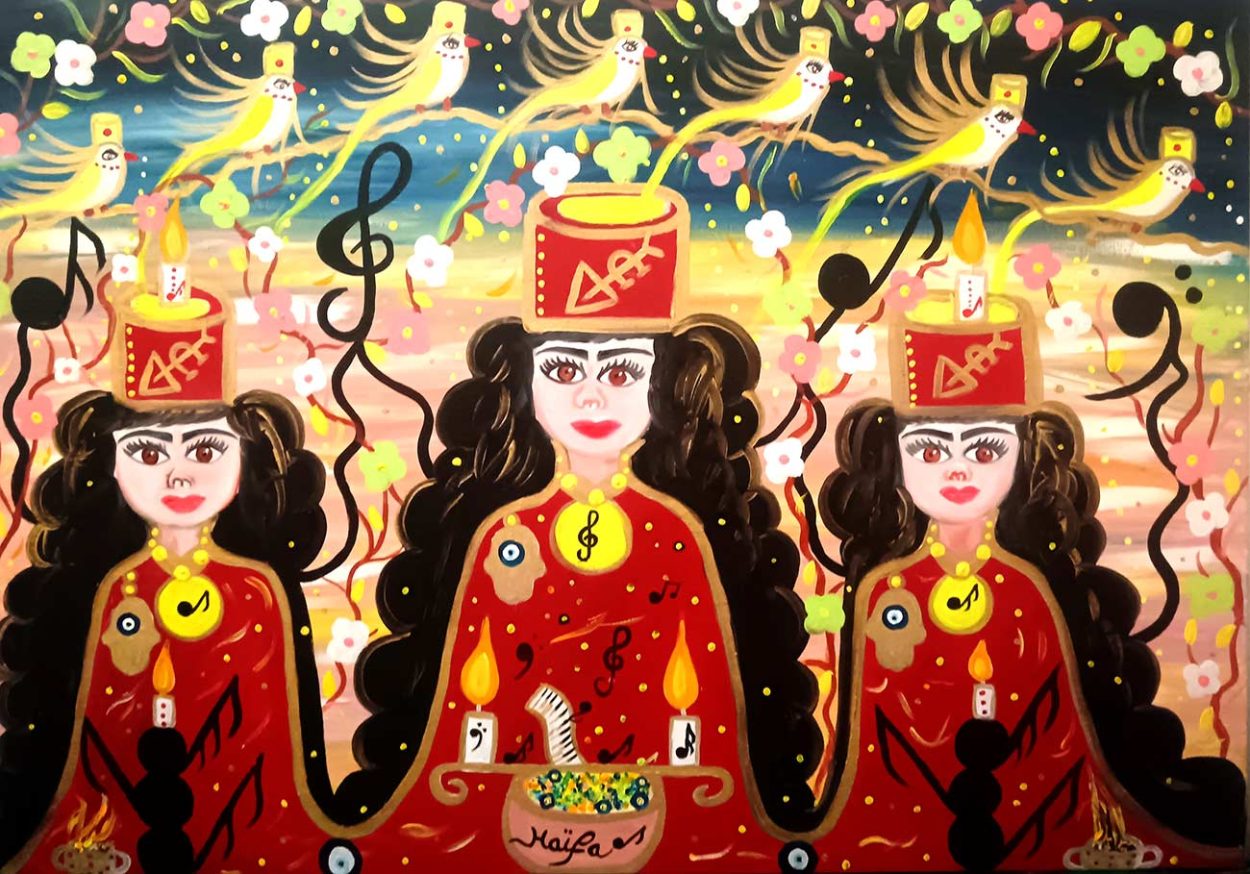 La Chorale des Déesses Rouges – Héritage Sacré de Génération
Huile & Acrylique. 70 × 92 cm
Haïfa Melliti © All rights reserved