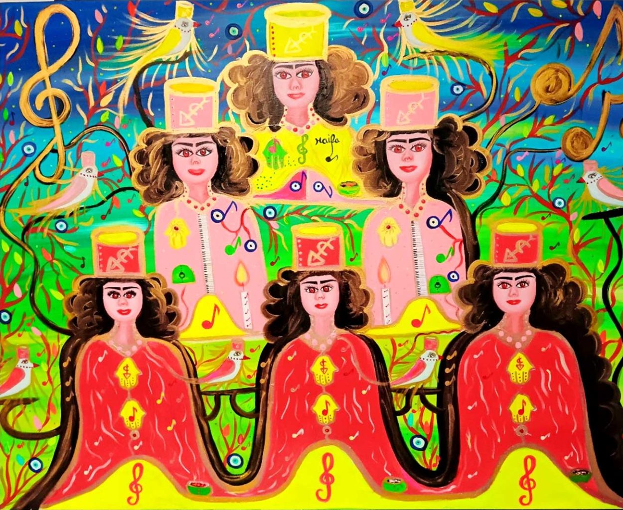 LA CHORALE DES DÉESSES DE LUMIERE AUX MÉLODIES ETERNELLES
Huile & Acrylique. 78 × 92 cm
Haïfa Melliti © All rights reserved