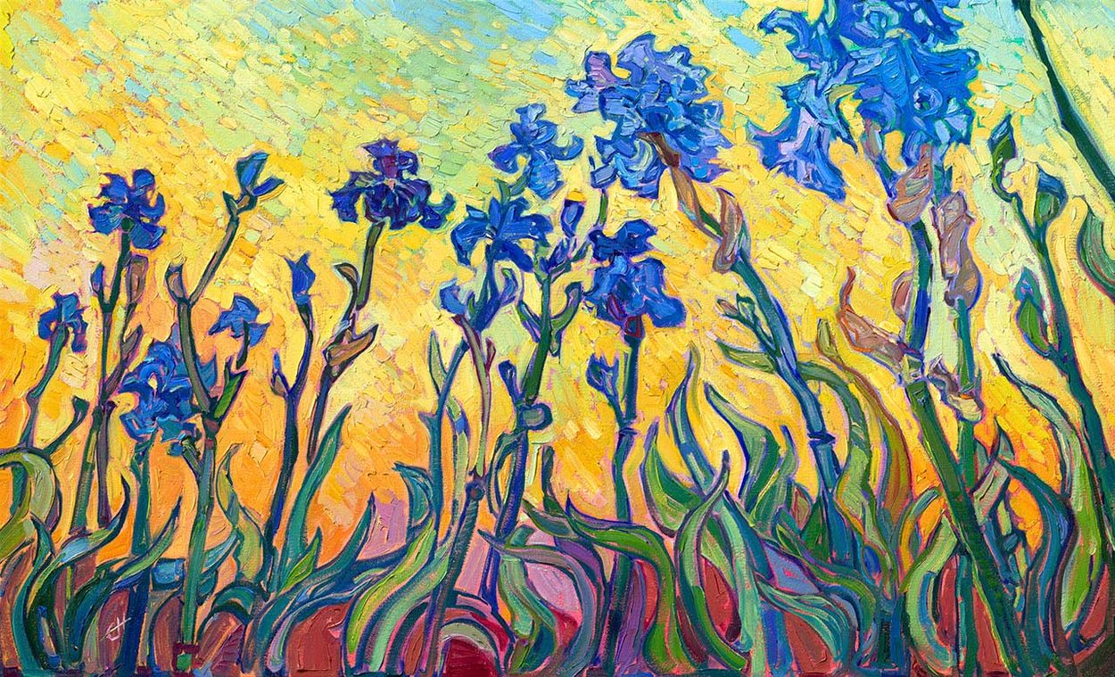 Top: “Irises on Yellow”. 2025
Oil on canvas, 
56 x 91 cm
Erin Hanson © 
All  rights reserved